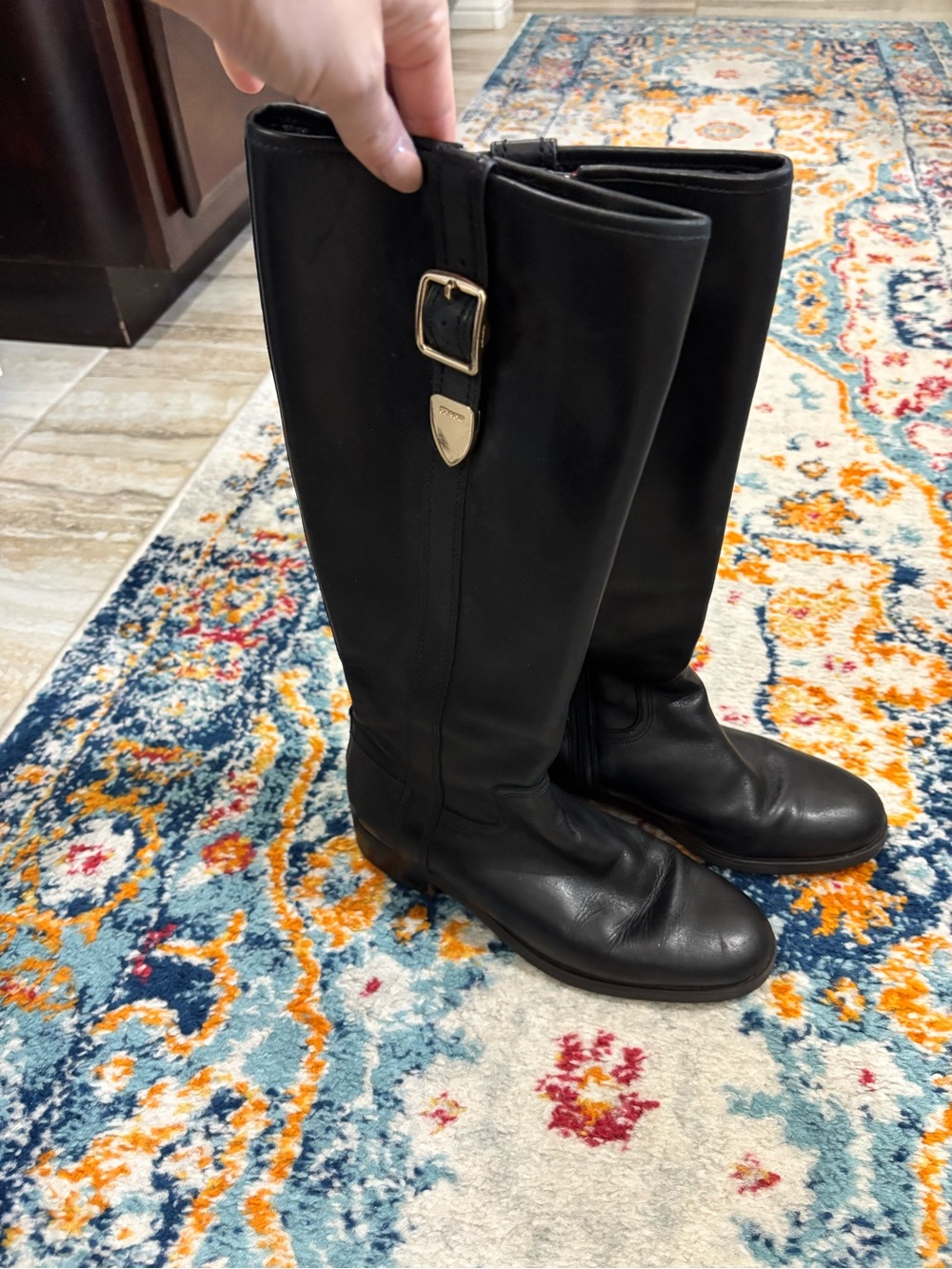 Coach Black Tall Riding Boots with Gold Buckle